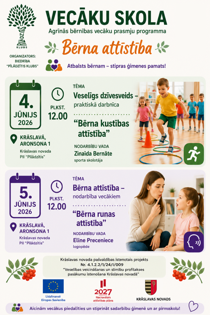 Bērni sporta nodarbībā un mamma sarunājas ar bērnu. Pasākuma afiša.