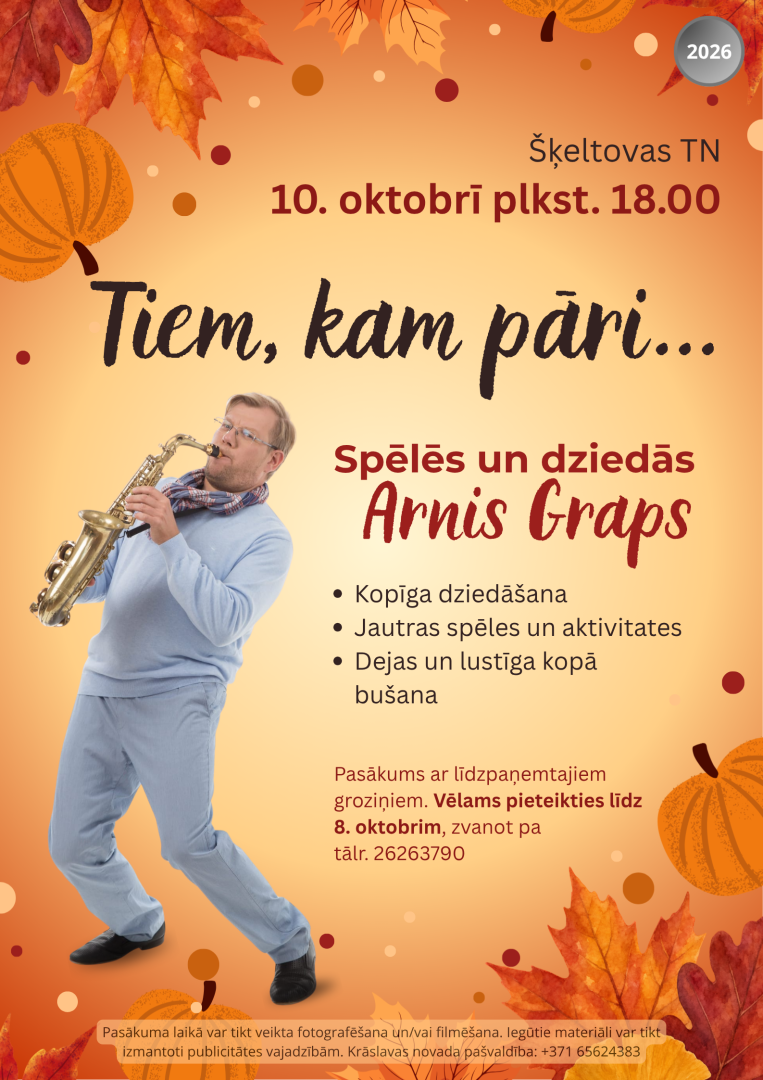 Kļavu lapas, ķirbji un vīrietis, kurš spēlē saksofonu. Pasākuma afiša
