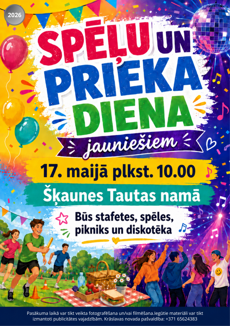 Baloni, disko bumba un jaunieši sporta un deju aktivitātēs. Pasākuma afiša.