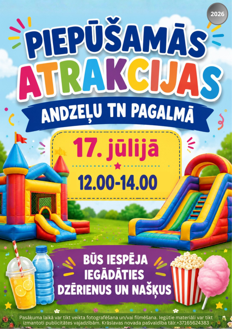 Piepūšamo atrakciju un uzkodu ilustrācija. Pasākuma afiša