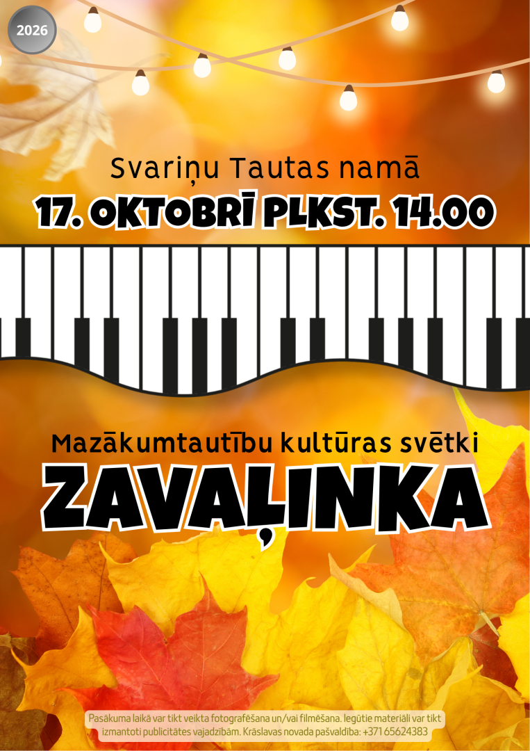 Rudens lapas, izgaismotas lampiņas un liela klavieru taustiņu ilustrācija. Pasākuma afiša