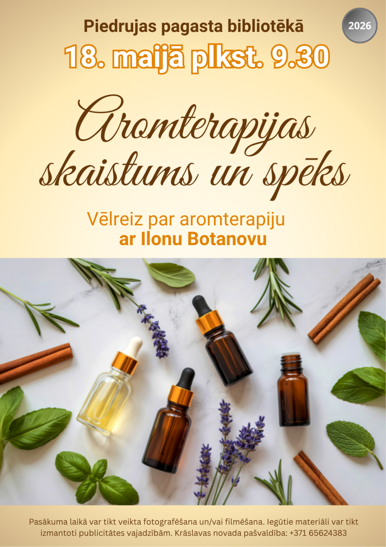 Ēterisko eļļu pudelītes, lavanda un garšaugi. Pasākuma afiša.