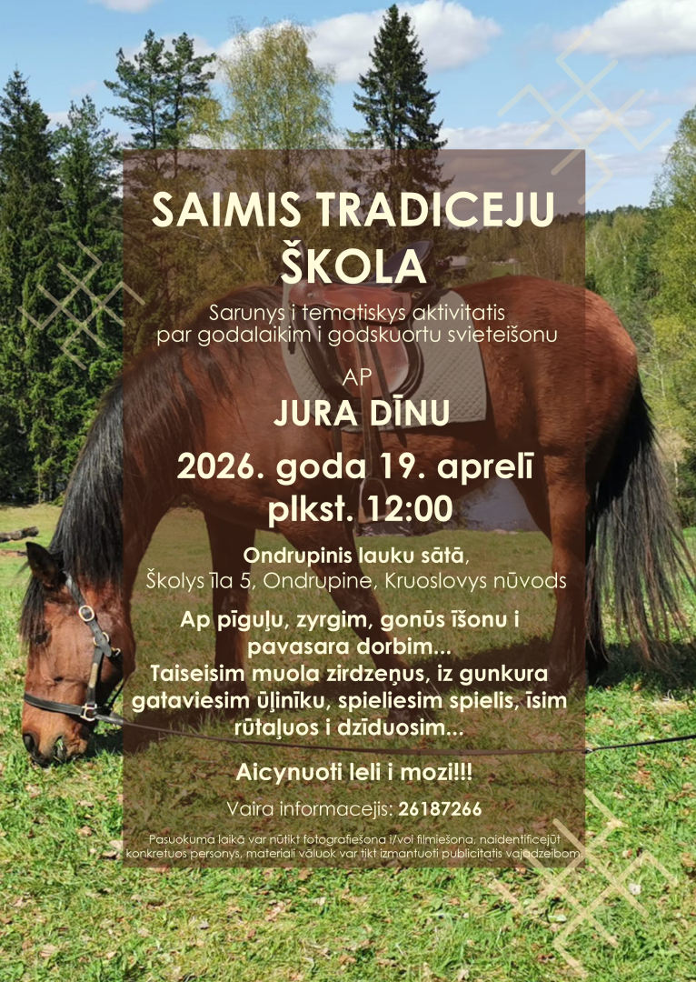 Brūns zirgs ganībās. Pasākuma afiša.