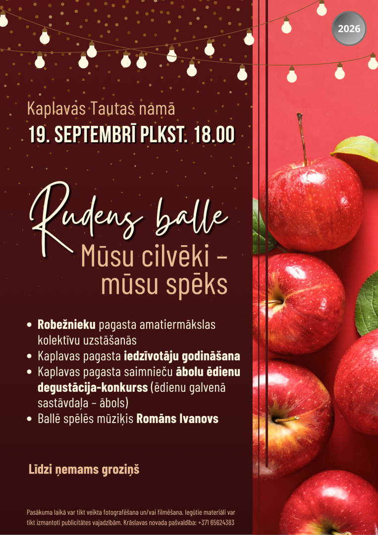 Sarkani āboli uz sarkana fona ar lampiņu virtenēm. Pasākuma afiša