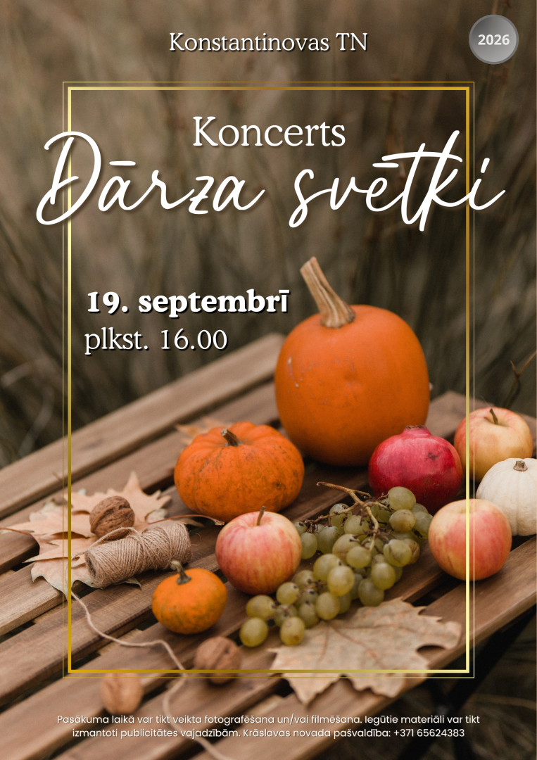 Rudens ražas kompozīcija ar ķirbjiem, āboliem un vīnogām. Pasākuma afiša