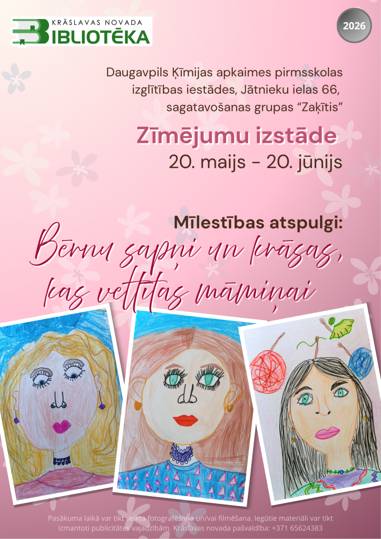 Rozā fons ar bērnu zīmētiem portretiem. Pasākuma afiša.