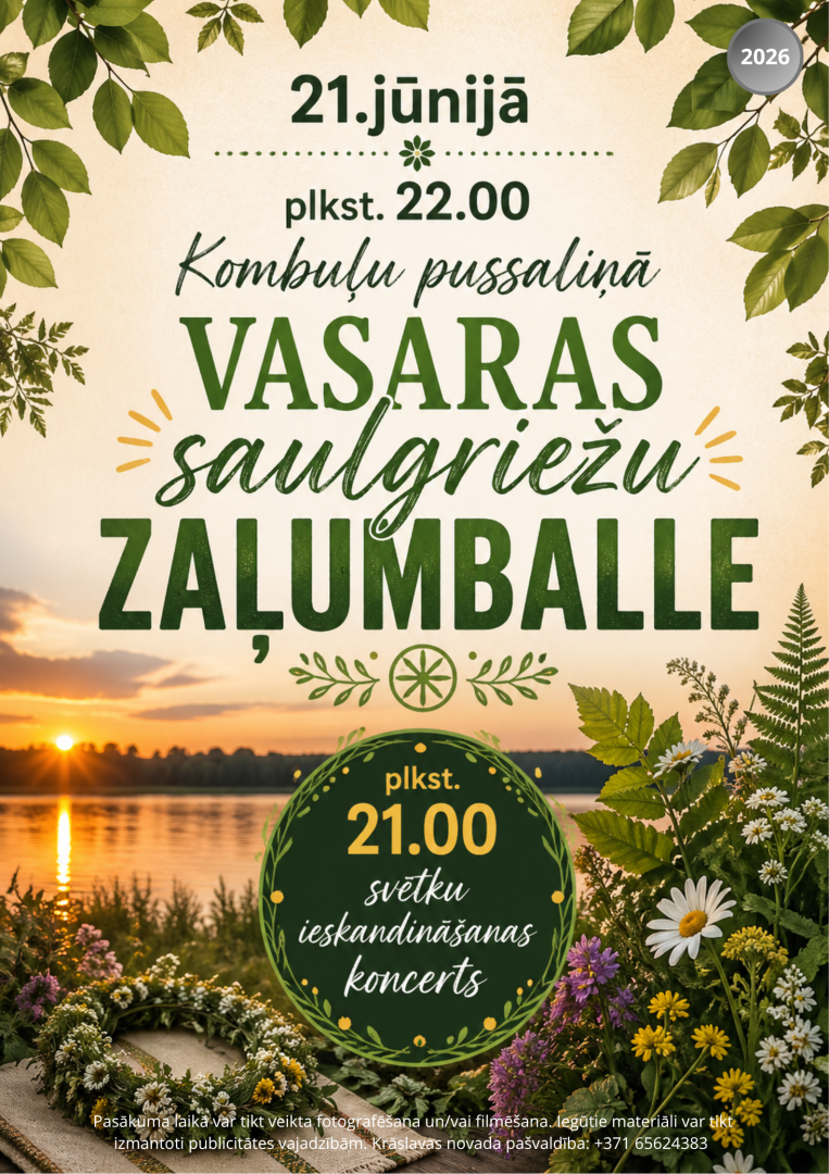 Vasaras saulriets pie ezera ar ziedu vainagiem. Pasākuma afiša.