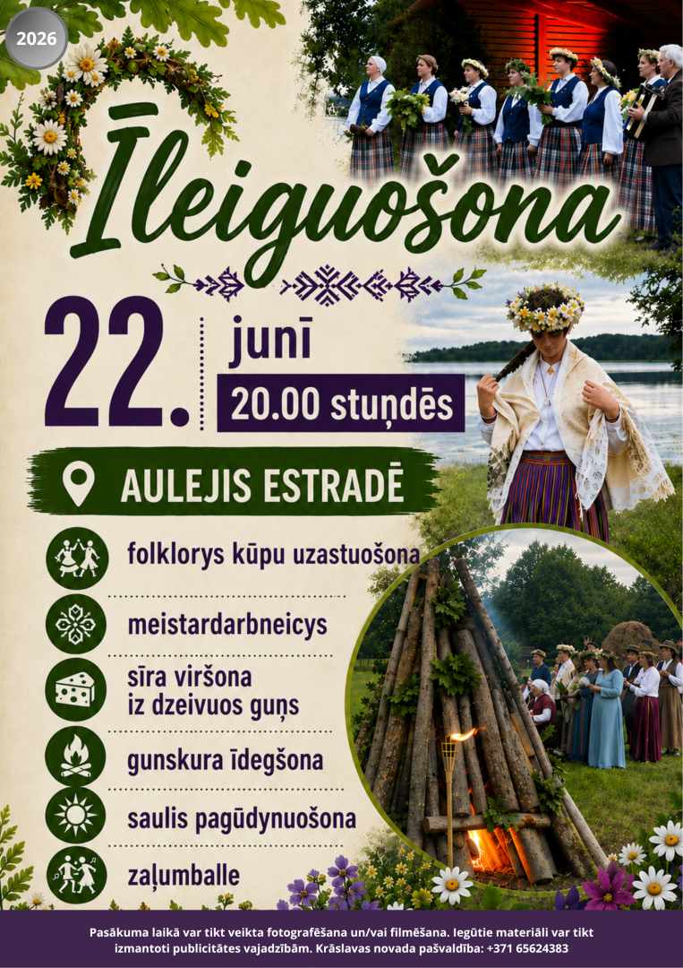 Tradicionāli Jāņu svētku skati ar tautastērpiem, ugunskuru un vainagiem. Pasākuma afiša