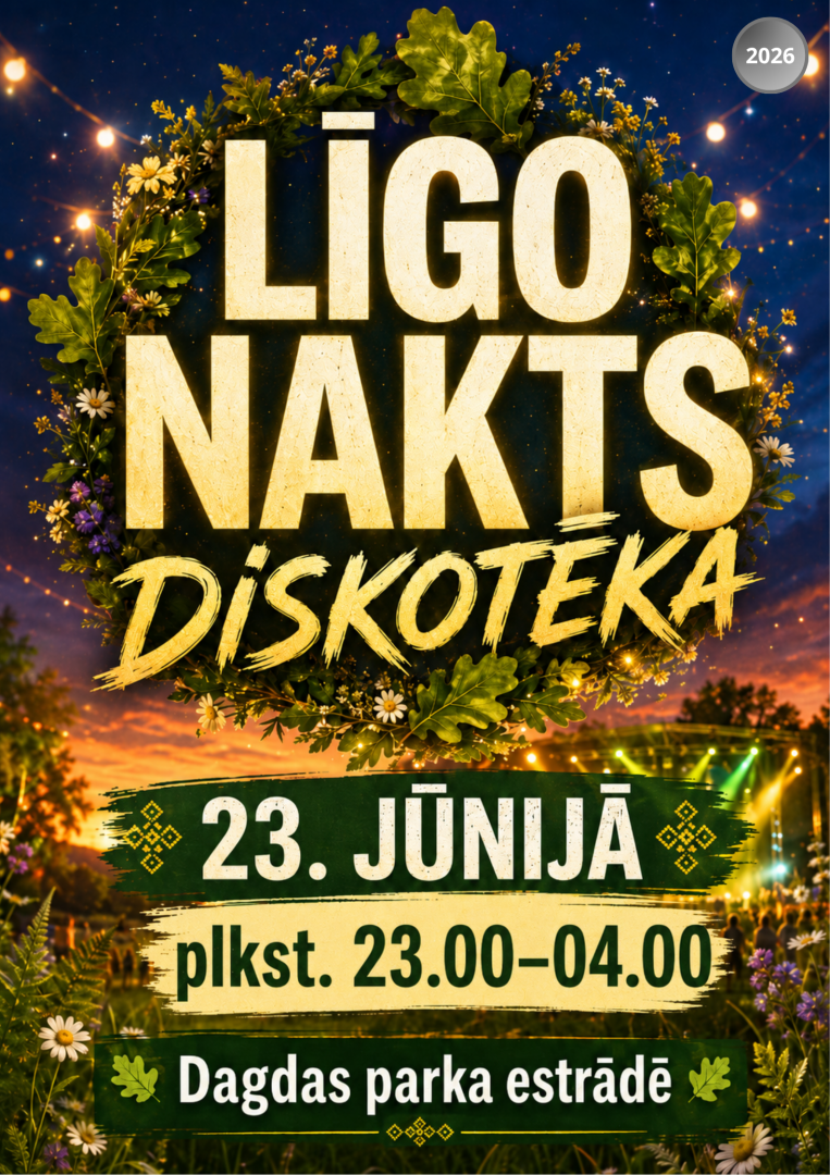 Vasaras vakara pasākuma atmosfēra ar izgaismotu skatuvi un ziedu vainagu. Pasākuma afiša.