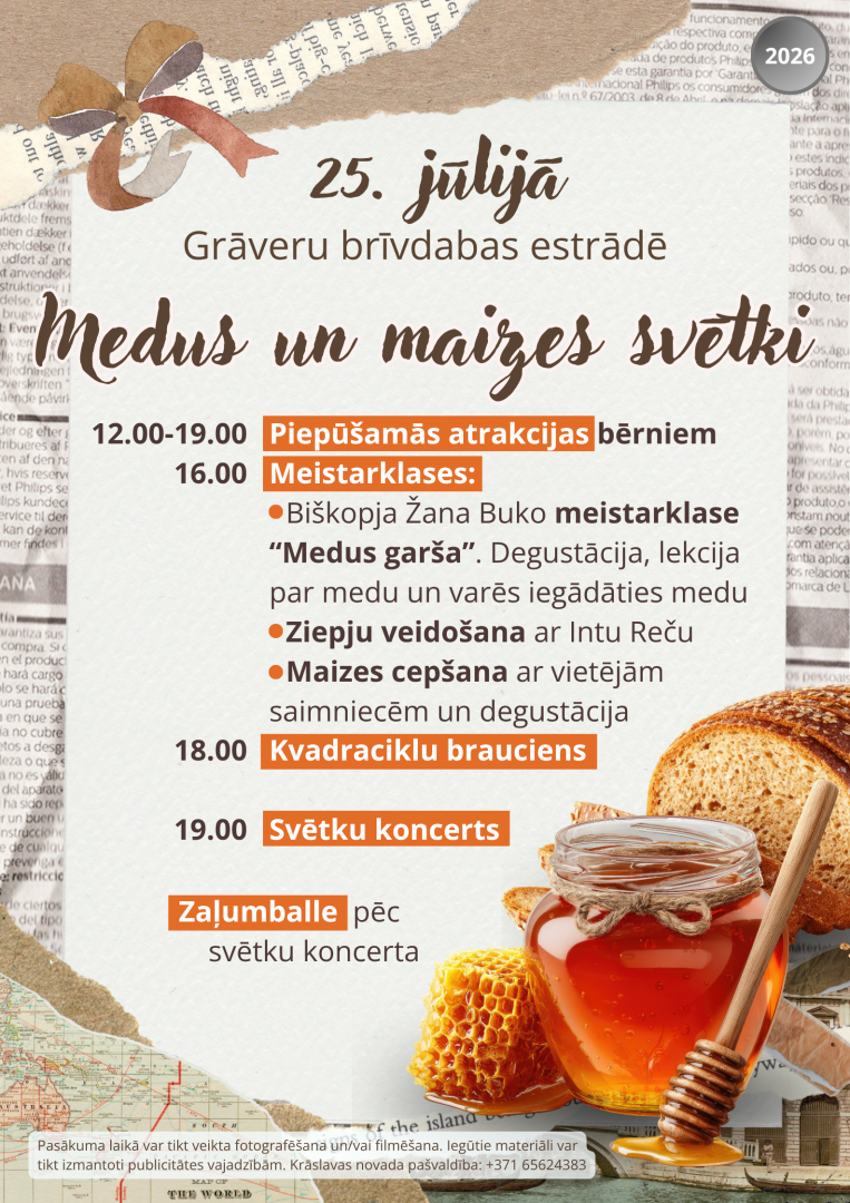 Kolāža ar medus burku, medus kāri, maizi. Pasākuma afiša