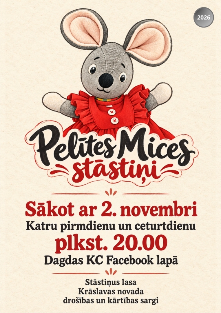 Pelēka pelīte sarkanā kleitā ar baltām pogām uz gaiša fona. Pasākuma afiša