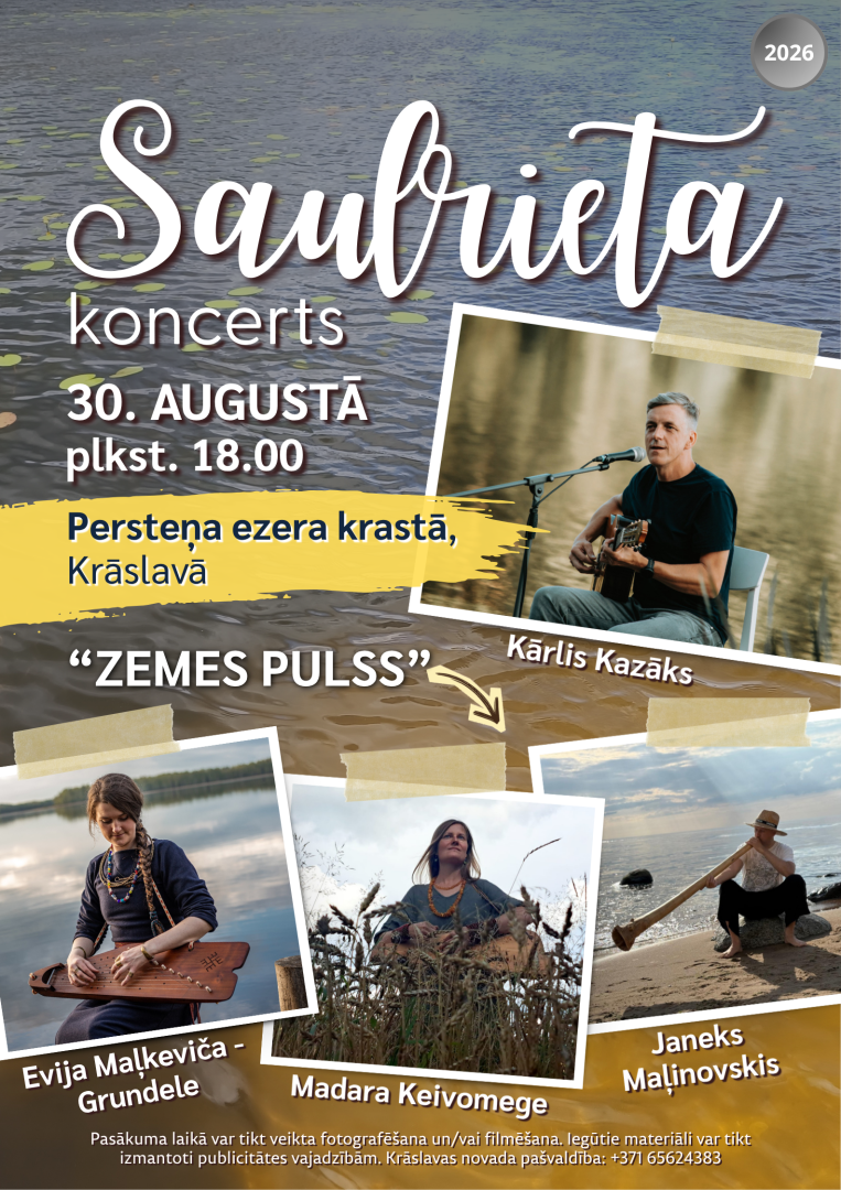 Ezera ūdens un mūziķu fotogrāfijas. Pasākuma afiša