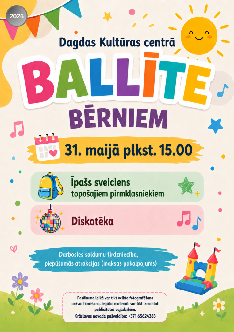 Krāsains un rotaļīgs dizains ar sauli, baloniem un piepūšamo atrakciju. Pasākuma afiša.