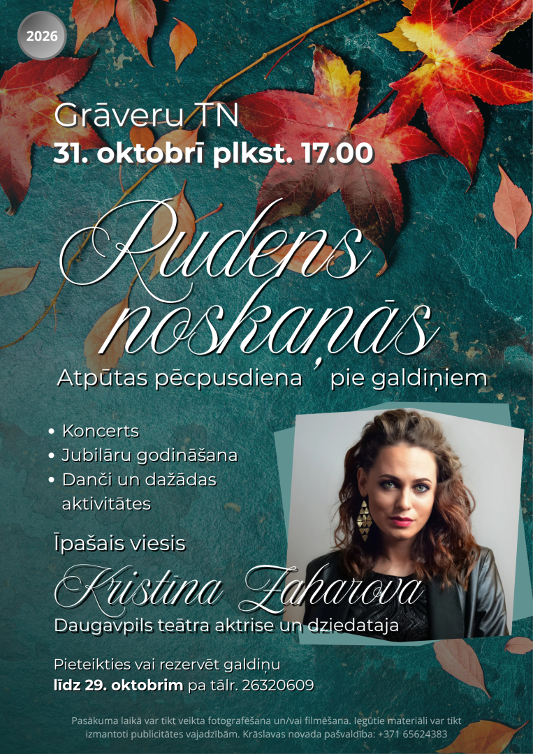 Rudens lapas uz zaļgana fona un sievietes portrets. Pasākuma afiša