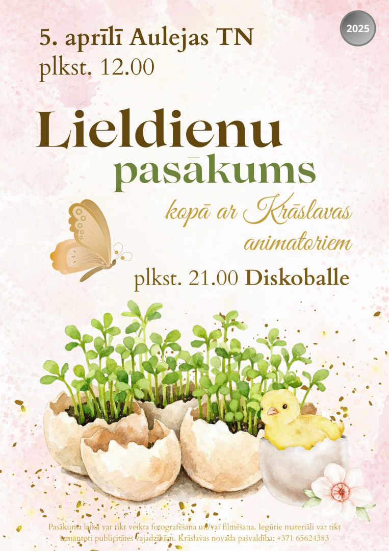 Olu čaumalās augošas zaļas dīgstu lapiņas, cālītis un pavasara dekori. Lieldienu pasākuma afiša
