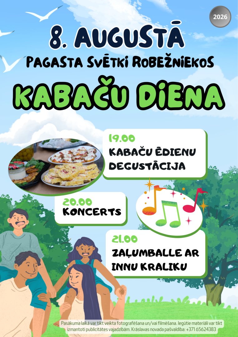 Ilustrēta vasaras ainava ar cilvēkiem parkā un kabaču ēdienu fotogrāfija. Pasākuma afiša