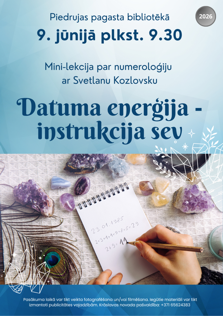 Kristāli, piezīmju bloks un roka, kas veic numeroloģiskus aprēķinus. Pasākuma afiša.