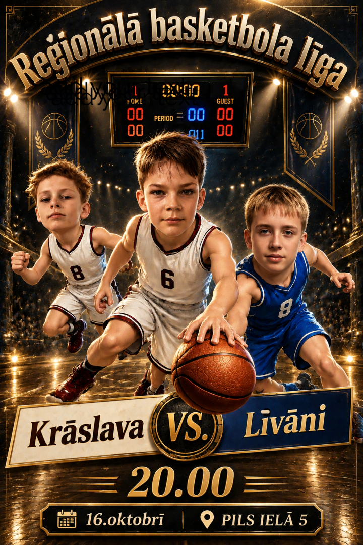 Ilustrācija ar basketbolistiem spēles laukumā. Pasākuma afiša