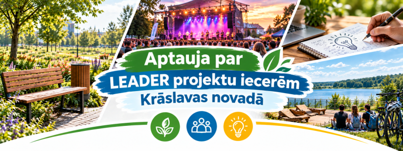 Kolāža ar dabas ainavām, atpūtas vietām pie ezera, brīvdabas koncertu un cilvēku radošo ideju plānošanu.
