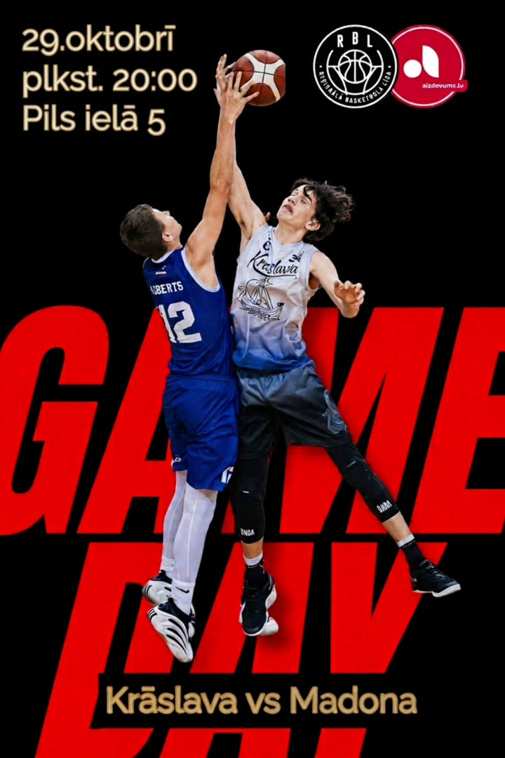 Divi basketbolisti uz melna fona. Pasākuma afiša