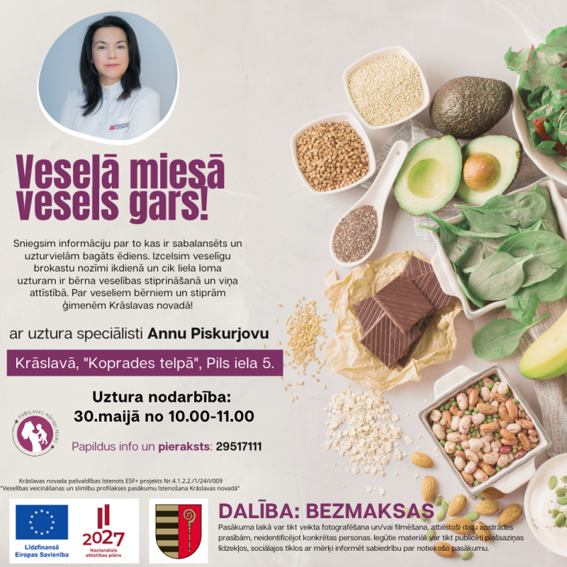 Veselīgi produkti un uztura speciālistes foto. Pasākuma afiša.