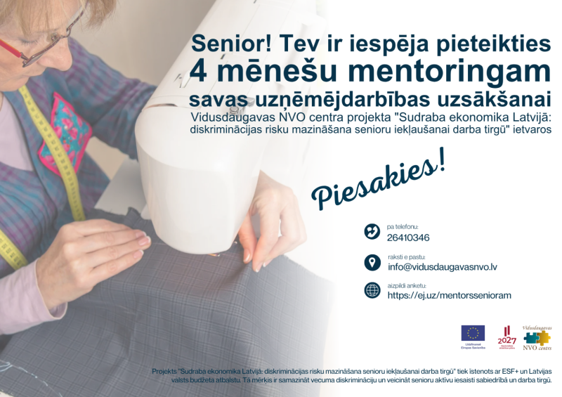 Sieviete strādā ar elektrisko šujmašīnu. Projekta informatīvā afiša.