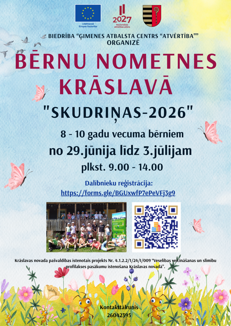 Krāsains ziedu un tauriņu dizains. Bērnu nometnes afiša.