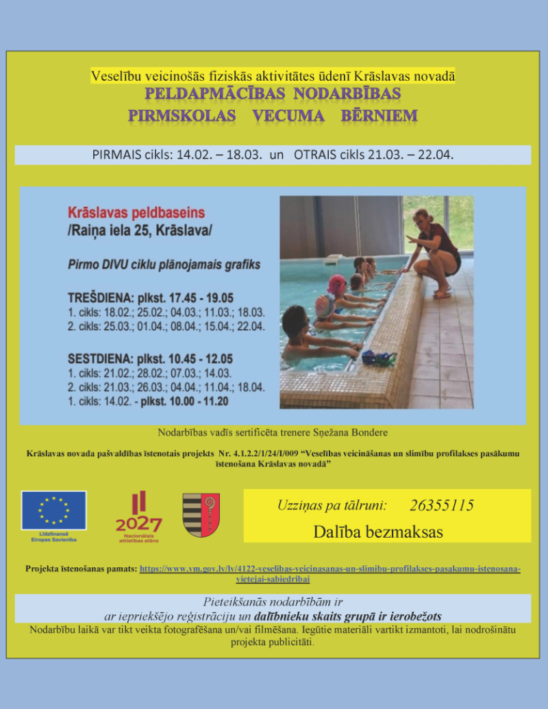 Cilvēki peldbaseinā ar treneri. Peldētprasmes nodarbību afiša