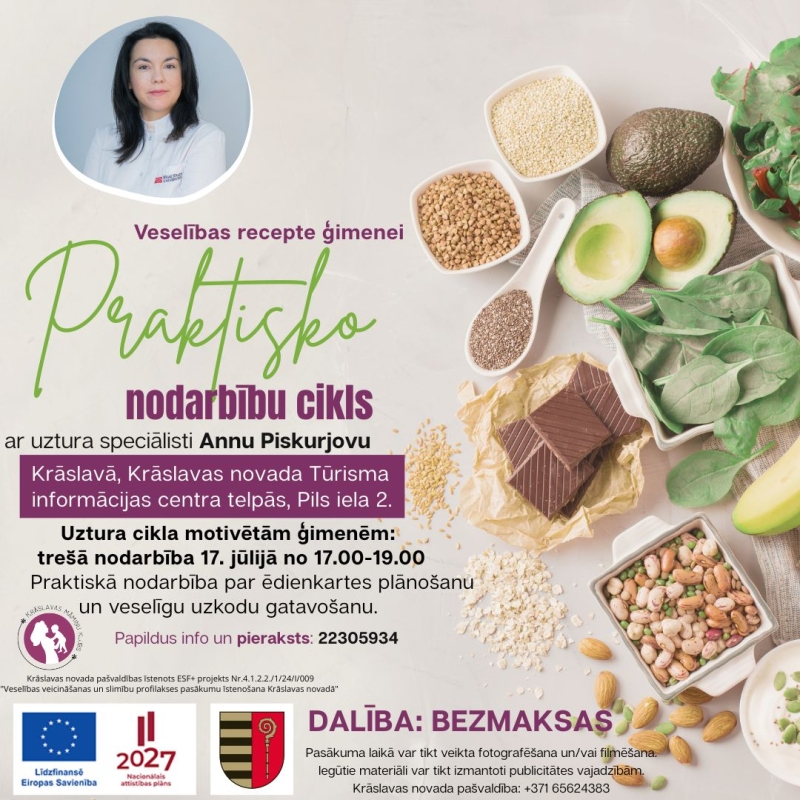 Veselīgi produkti un uztura speciālistes foto. Pasākuma afiša.