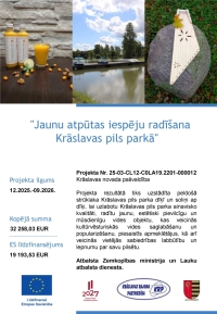 Attēli ar dzērieniem, dabas ainavu un koka instrumentu. Projekta informatīvā afiša.