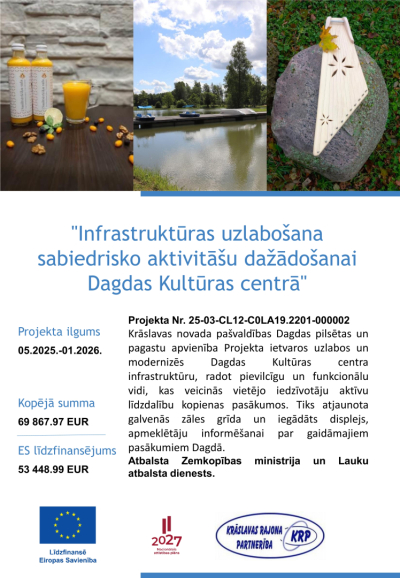 Attēli ar dzērieniem, dabas ainavu un koka instrumentu. Projekta informatīvā afiša.