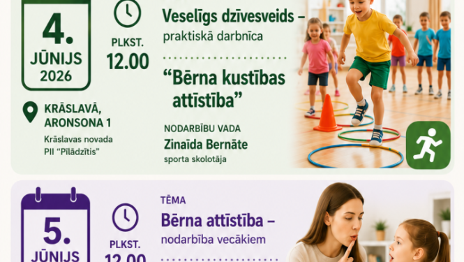 Bērni sporta nodarbībā un mamma sarunājas ar bērnu. Pasākuma afiša.
