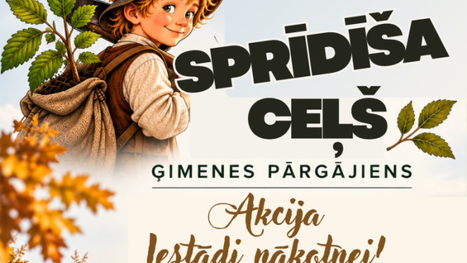Ģimene uz pārgājiena takas un Sprīdīša ilustrācija. Pasākuma afiša
