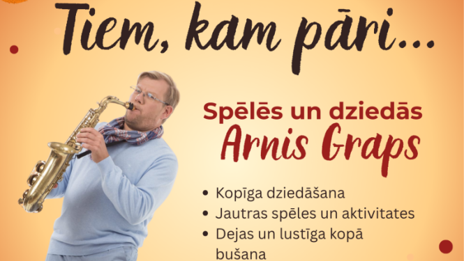 Kļavu lapas, ķirbji un vīrietis, kurš spēlē saksofonu. Pasākuma afiša