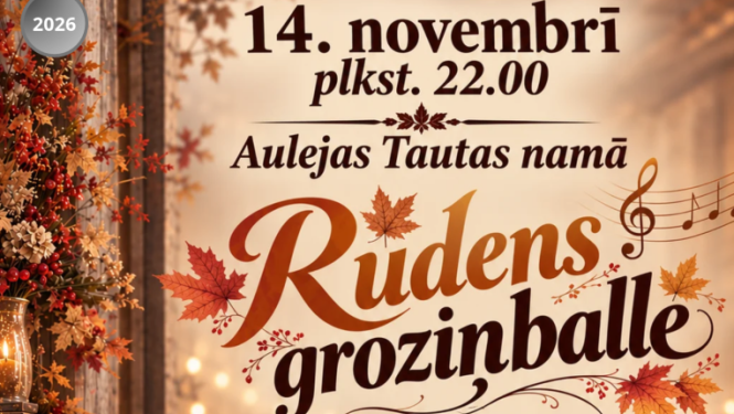 Rudens balle ar ģitāru, laternām un rudens lapu rotājumiem. Pasākuma afiša