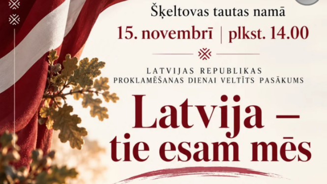 Latvijas karogs un sarkanbaltsarkans latviešu rakstains audums rudens ainavā. Pasākuma afiša