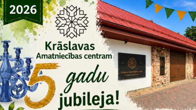 Krāslavas Amatniecības centra foto un amatniecības motīvi – keramika, gleznošana, tradicionāls ēdiens un stikla dekors. Pasākuma afiša