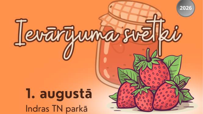 Ilustrācija ar zemeņu ievārījuma burku un zemenēm. Pasākuma afiša