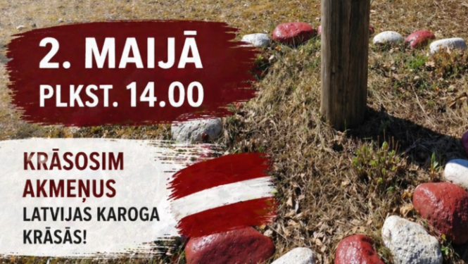 Latvijas karoga krāsās krāsoti akmeņi ap ceļa stabu. Pasākuma afiša.
