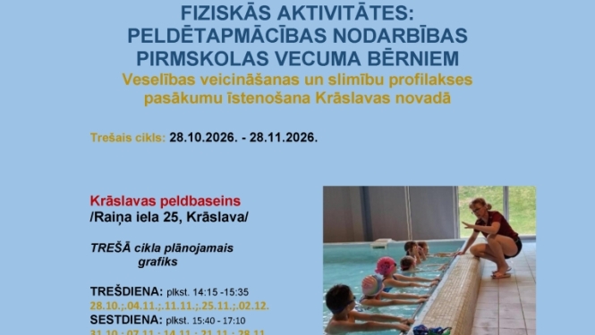Bērni baseinā klausās skolotāju. Pasākuma afiša