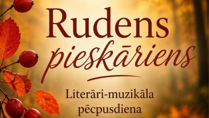 Atvērta grāmata ar rudens lapām un pīlādžiem. Pasākuma afiša