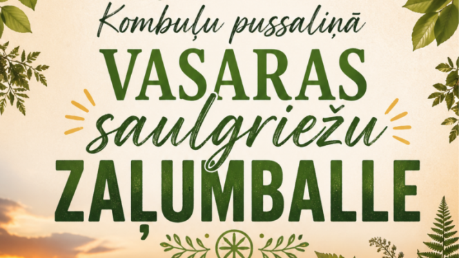 Vasaras saulriets pie ezera ar ziedu vainagiem. Pasākuma afiša.