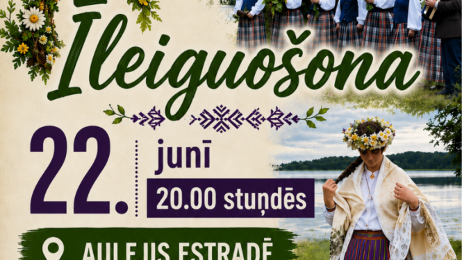 Tradicionāli Jāņu svētku skati ar tautastērpiem, ugunskuru un vainagiem. Pasākuma afiša