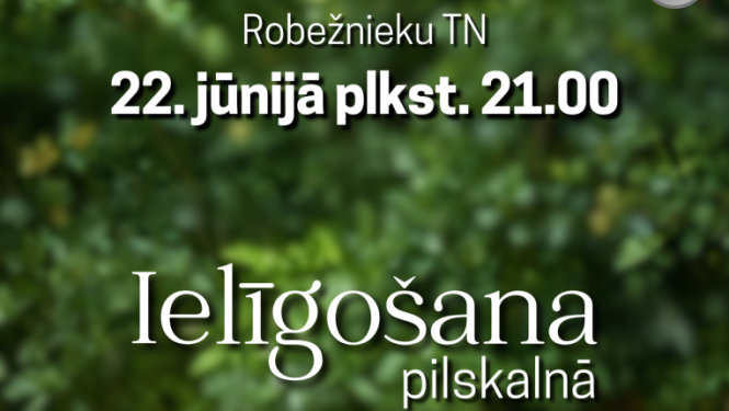 Jāņu ziedu vainags uz koka sola. Pasākuma afiša.
