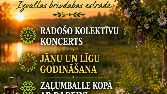 Saulriets pļavā ar ziedu vainagu, laternu un vasaras ziediem. Pasākuma afiša.