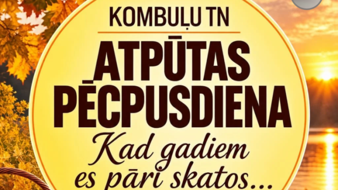 Ābolu grozs un sega uz soliņa, uz rudens ainavas fona. Pasākuma afiša