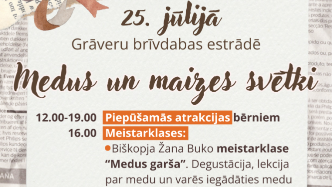 Kolāža ar medus burku, medus kāri, maizi. Pasākuma afiša