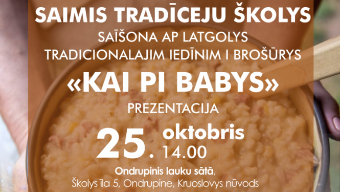 Rudens, lauku sēta, cilvēks tur rokās bļodu ar putru. Pasākuma afiša
