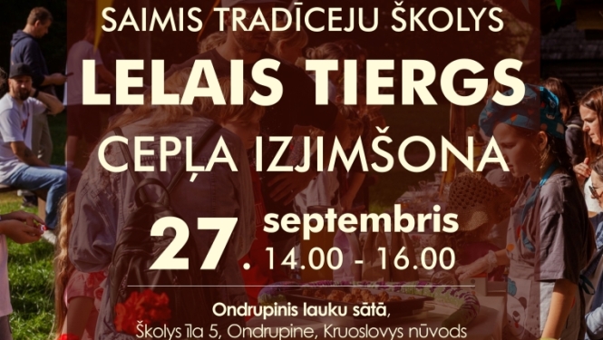 Cilvēki brīvdabas pasākumā un keramikas trauki uz galda. Pasākuma afiša