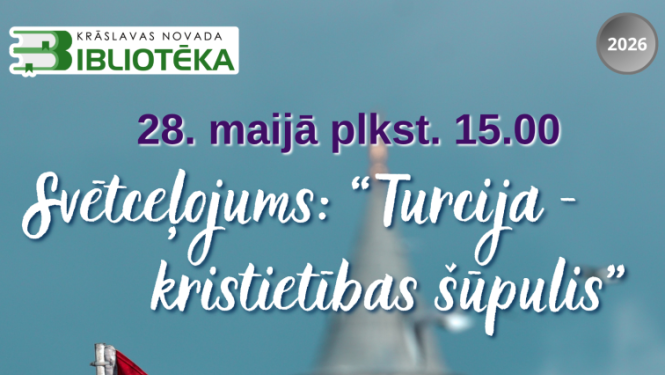 Turcijas karogs un pilsētas ainava fonā. Pasākuma afiša.